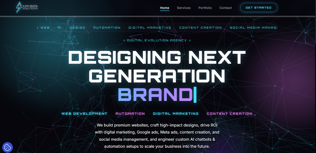 Alpha Digital Solutions Agency Website showing futuristic branding and service offerings