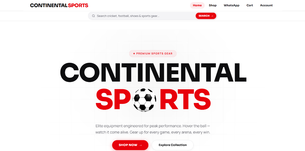 Continental Sports E-commerce Storefront preview showcasing premium sports equipment