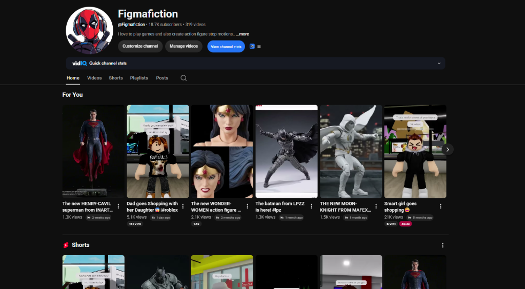 Figmafiction YouTube channel dashboard with 18.7K+ subscribers and video catalog